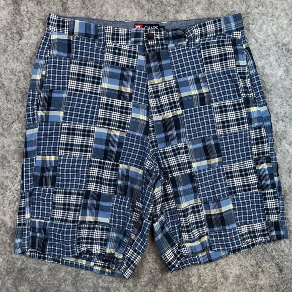 Chaps Other - Chaps Shorts 36 Mens Blue Plaid Patchwork Quilted Casual Chino 10" 100 Cotton